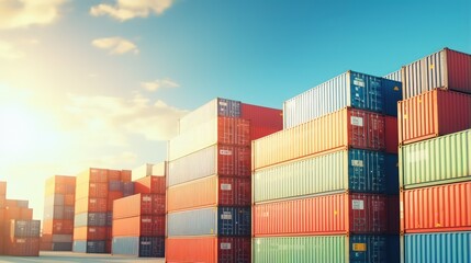 Fototapeta premium Container box in warehouse in shipping port. Global business of Container Cargo freight.