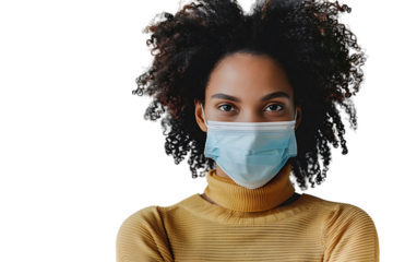 Brazilian woman wears protective mask against Covid on isolated transparent background
