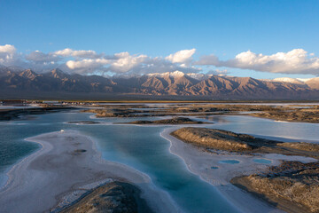 亚洲中国航拍青海省海西蒙古族自治州德令哈翡翠湖自然景观