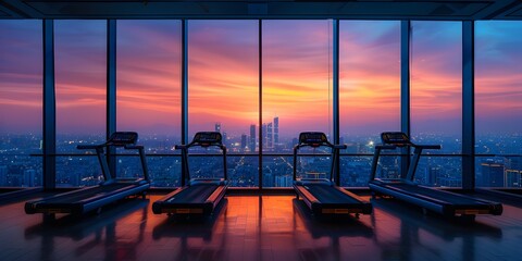 High-end luxury fitness in a high-rise building Looks comfortable with a large mirror. The city view outside is very beautiful. Ideal for use as design inspiration for designers or property owners.