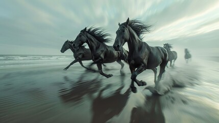 Generate a visual representation of horses galloping at high speed along a beach