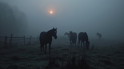 Fototapeta premium Generate a visual representation of horses wandering leisurely through a dusky countryside