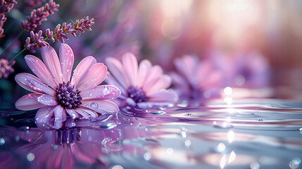Beauty Purple Flowers Reflecting on Water Surface, generative Ai