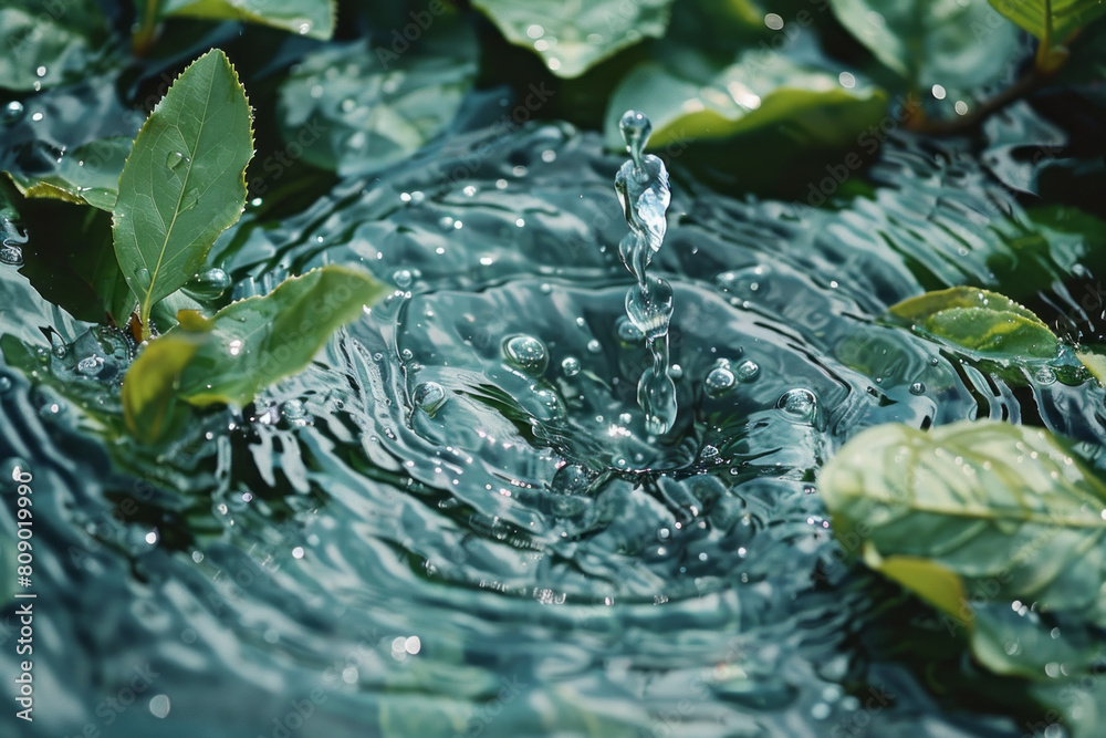 Poster An artistic impression of tea leaves dissolving into a water surface, creating soothing waves and patterns,