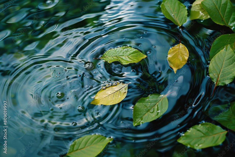 Poster An artistic impression of tea leaves dissolving into a water surface, creating soothing waves and patterns,