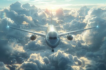 A commercial jetliner gracefully traverses the vast expanse of the sky, set against a backdrop of dramatic, billowing clouds.