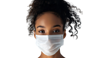 Brazilian woman wears protective mask against Covid on isolated transparent background