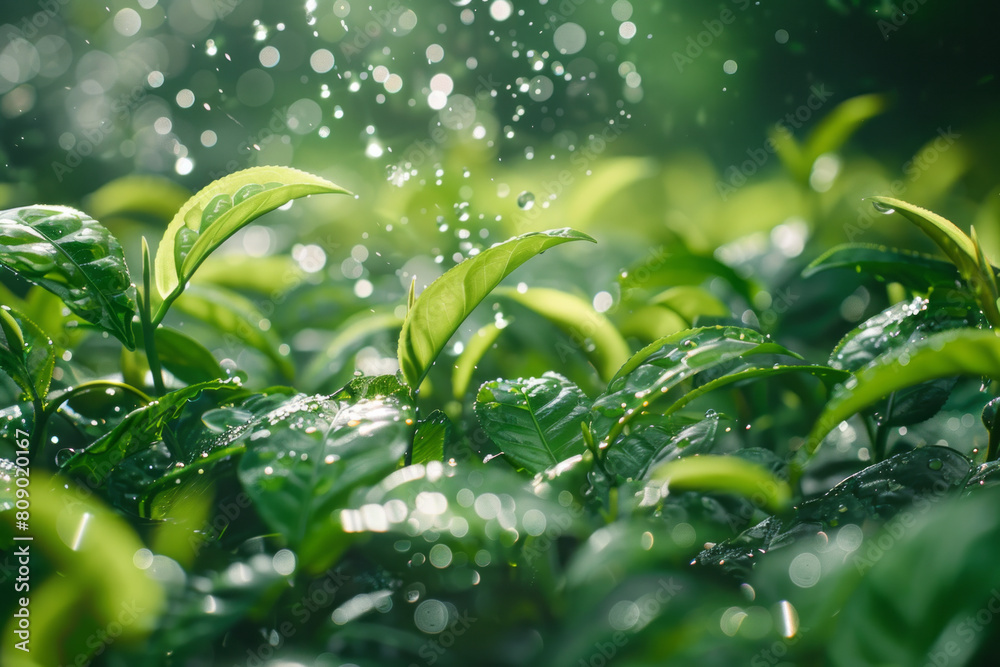 Poster tea leaves swirling into a gentle tornado, capturing both the calming and invigorating effects of te
