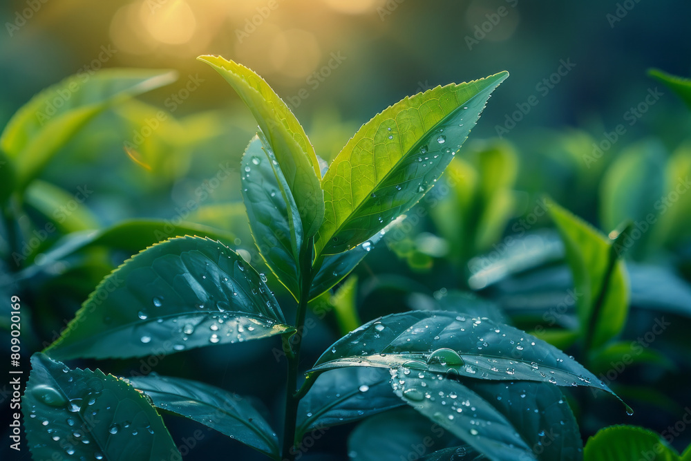 Poster tea leaves unfolding into a series of harmonious musical notes, symbolizing the rhythmic ritual of t