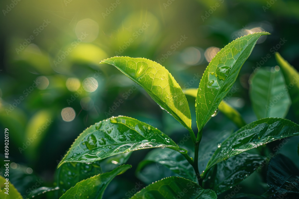 Poster tea leaves unfolding into a series of harmonious musical notes, symbolizing the rhythmic ritual of t