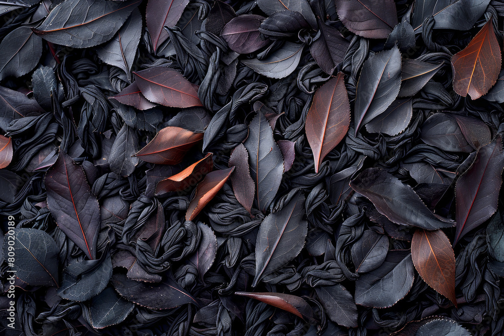 Poster an abstract pattern of tea leaves interweaving into a complex network, illustrating the deep, layere