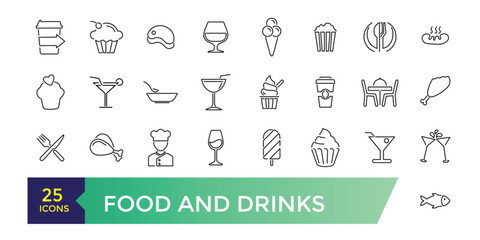 Food and drinks icons collection. Set of more thin line icons. Food and drinks black icons.
