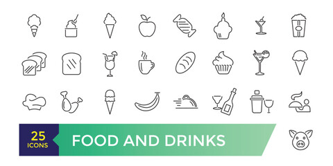 Food and drinks icons collection. Set of more thin line icons. Food and drinks black icons.