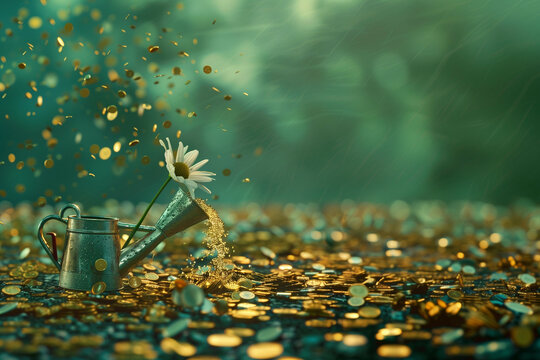 A golden watering can from which gold coins and flowers fall, all in green and gold colors.