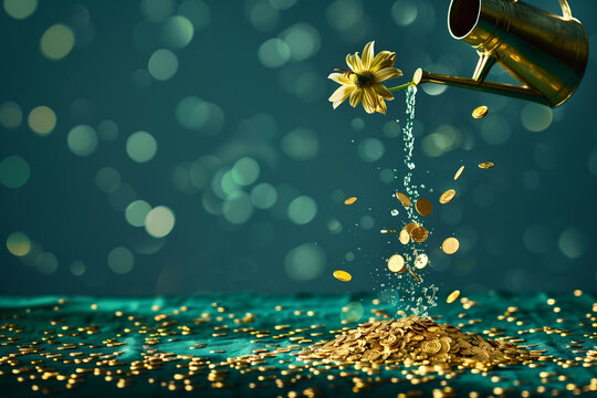 A golden watering can from which gold coins and flowers fall, all in green and gold colors.