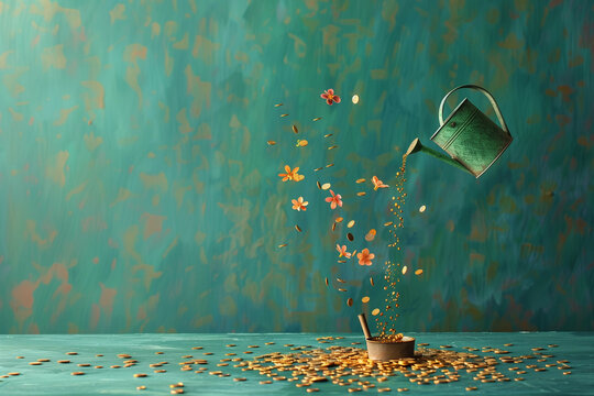 A golden watering can from which gold coins and flowers fall, all in green and gold colors.