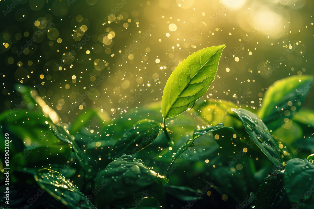 Leinwandbilder a dynamic visualization of tea leaves scattering into an array of energetic particles, fizzling with