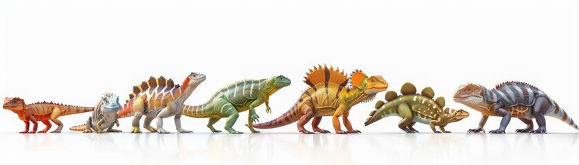 Fototapeta premium A row of dinosaurs are lined up, with the first one being a small dinosaur