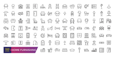Furniture flat line icons set. Outline signs of house interior, editable stroke.