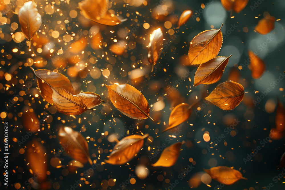 Poster A dynamic visualization of tea leaves scattering into an array of energetic particles, fizzling with vitality,