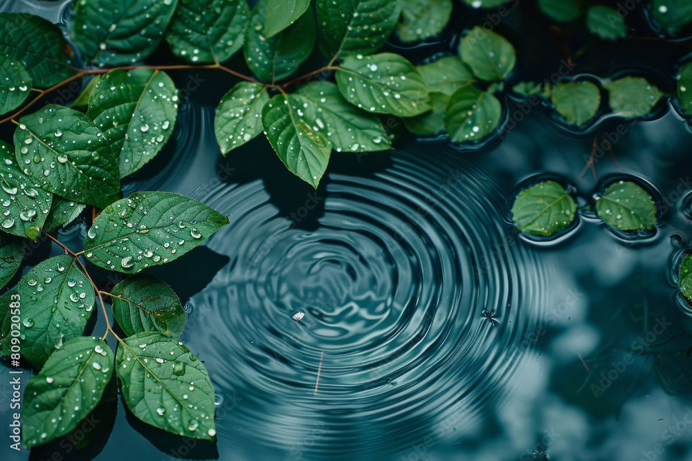 Poster tea leaves transforming into a serene pattern of ripples on a pond, capturing the calming effect of 