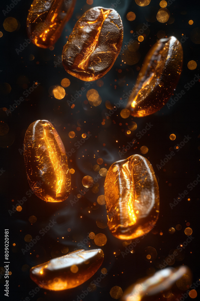 Poster coffee beans stylized as ancient runes glowing with power, each bean unleashing its own unique wave 