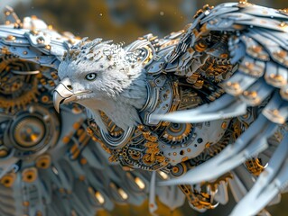Generate a realistic image of a steampunk eagle. The eagle should be made of metal and have a wingspan of 10 feet.