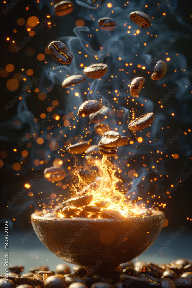 Poster coffee beans stylized as ancient runes glowing with power, each bean unleashing its own unique wave 