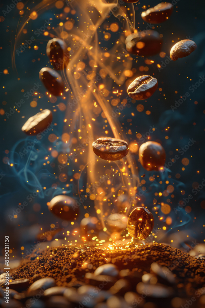 Poster Coffee beans stylized as ancient runes glowing with power, each bean unleashing its own unique wave of energy,