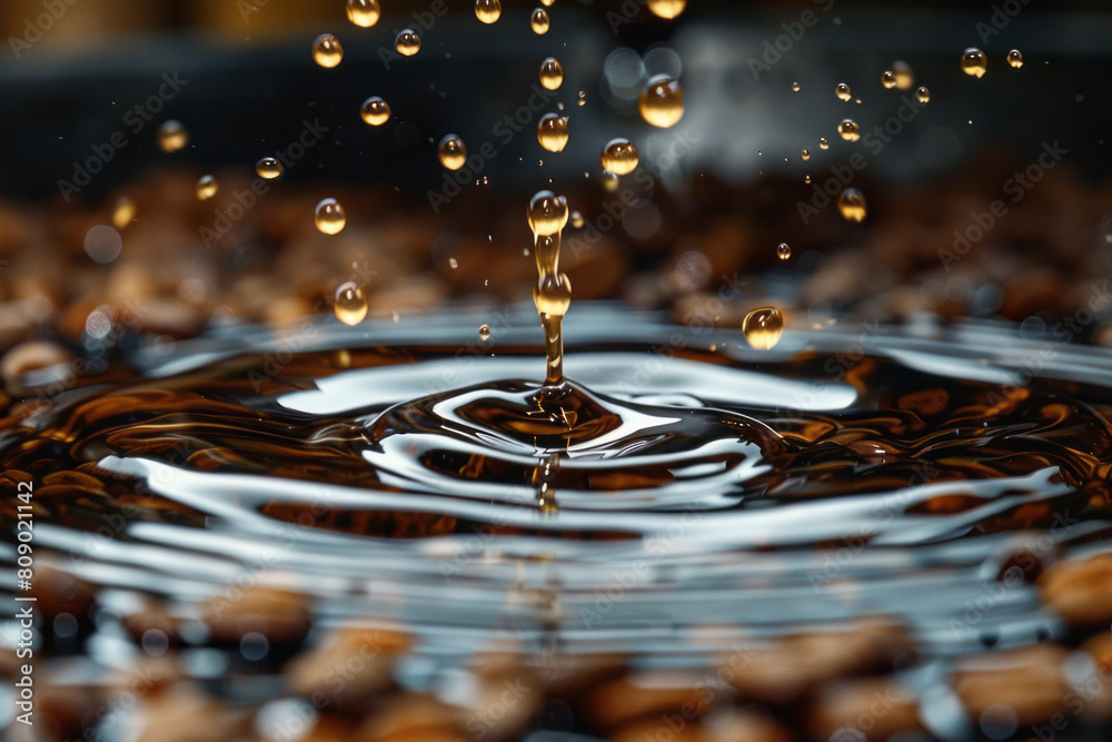 Poster coffee beans illustrated as droplets falling into a pool, creating energetic ripples that spread wid