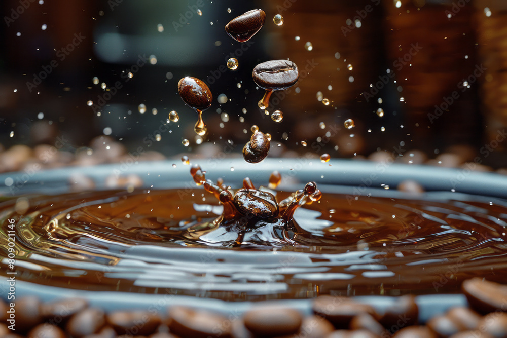 Poster coffee beans illustrated as droplets falling into a pool, creating energetic ripples that spread wid