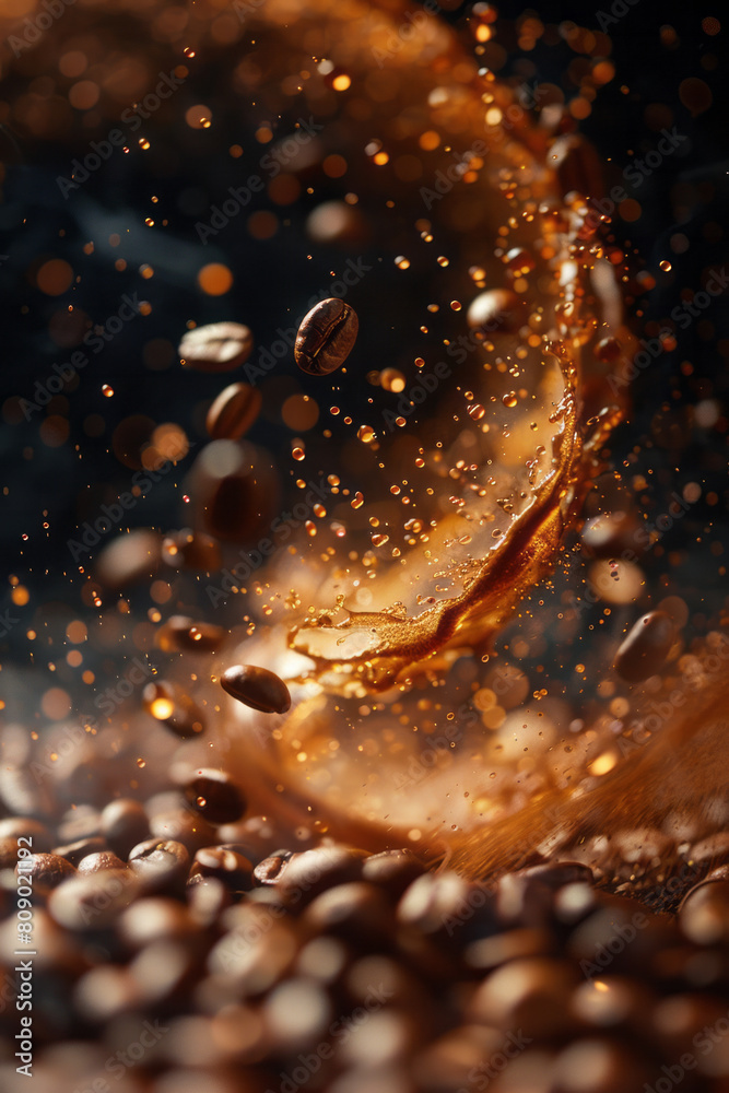 Poster coffee beans spinning into a tornado of energy, twisting and turning with dynamic force,