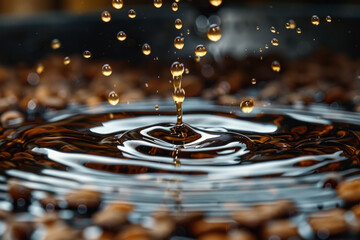Coffee beans illustrated as droplets falling into a pool, creating energetic ripples that spread widely,