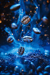 An imaginative depiction of coffee beans expanding into a galaxy of stars, illuminating the universe with energy,