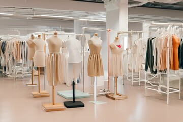 Closet room with many mannequins, clothing stores or fashion boutiques