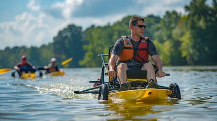 A man in a motorized wheelchair navigating through the water.