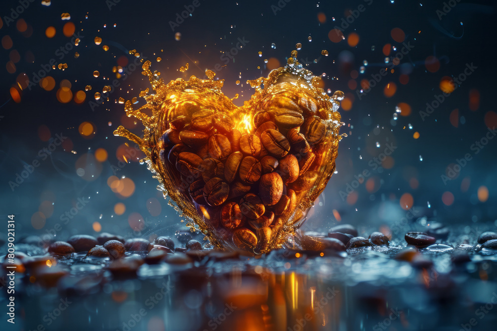 Poster coffee beans depicted as the source of a pulsating heart, pumping waves of energy through a symbolic