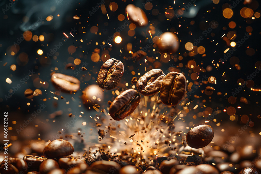 Poster a graphic interpretation of coffee beans bursting into a fireworks display of energy and excitement,