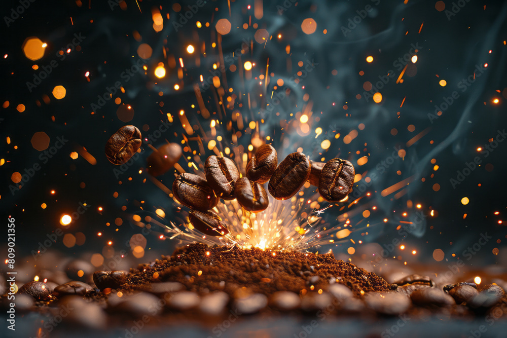 Poster a graphic interpretation of coffee beans bursting into a fireworks display of energy and excitement,
