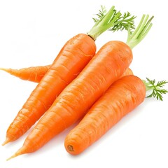 A photo of a group of carrots on a white background. The carrots are orange and have green tops. They are arranged in a horizontal row.