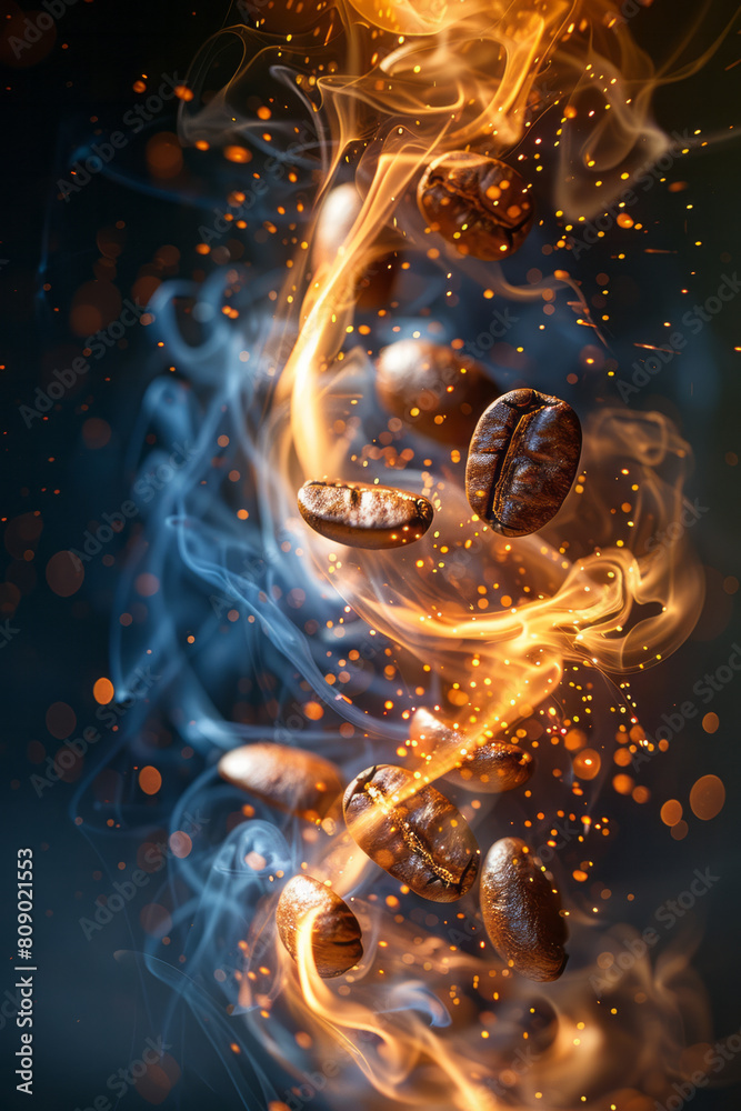 Poster an abstract vision of coffee beans evolving into electric arcs, zapping through a stylized space,