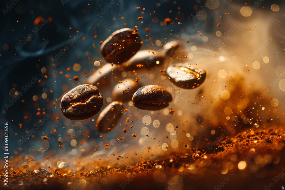 Poster coffee beans transforming into a storm of energetic particles, swirling in a tempest of power,