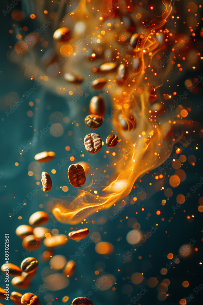 Poster an abstract vision of coffee beans evolving into electric arcs, zapping through a stylized space,