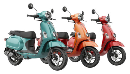 Trio of colorful modern scooters isolated on transparent background png