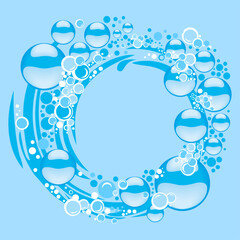 Water splash in round shape swirl frame. Abstract blue bubbles background. Water Splash. Natural aqua. Water logo design template.  Save water. Ecology concept. Vector Illustration