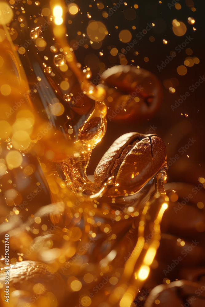 Poster a close-up view of coffee beans dissolving into a cascade of golden energy ripples,
