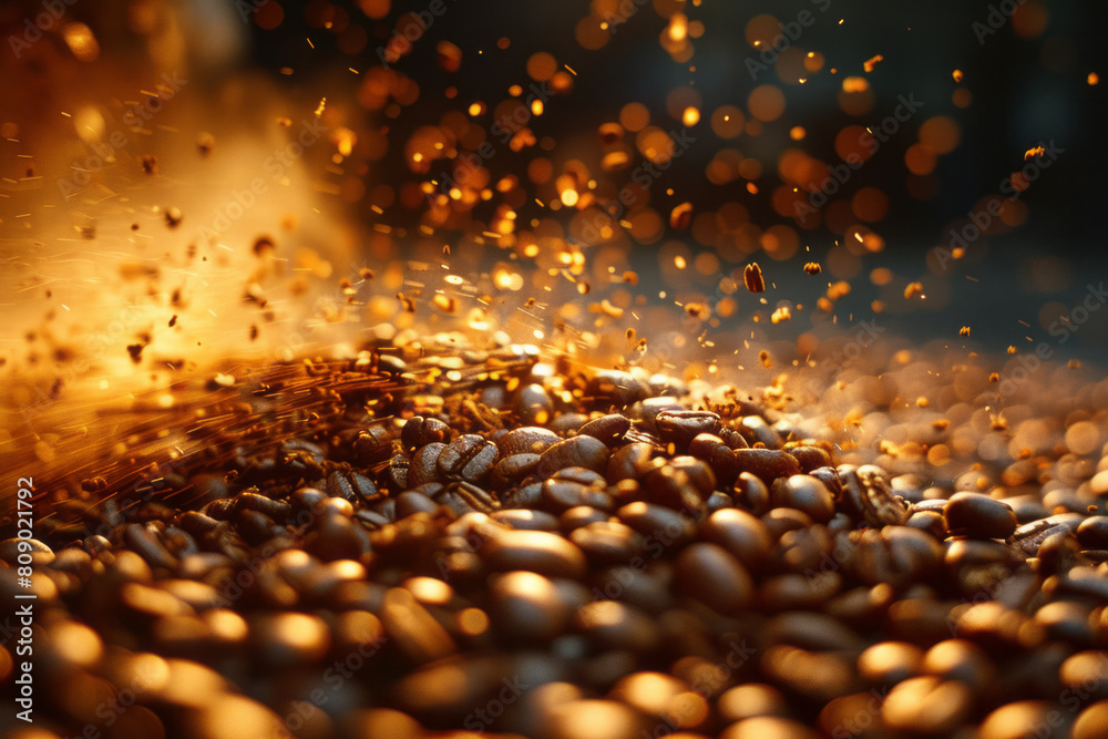 Poster coffee beans transitioning into streaks of light, illustrating their energizing effect in a dark set