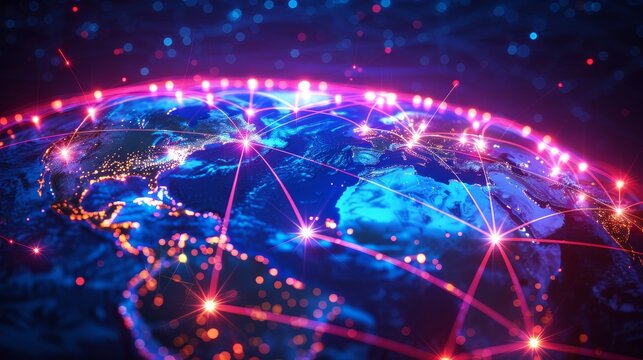 Hightech image of global network connections with bright, colorful links spanning across a globe, emphasizing advanced technology and connectivity