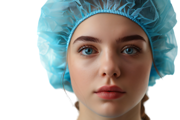 Close up of female wearing medical cap, getting ready for filler injection on isolated transparent background