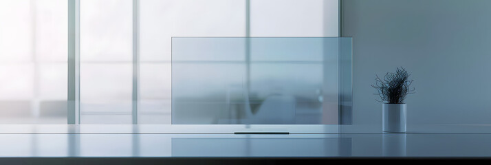 a single large fully transparent glass display with no information on it sitting on a clean desktop